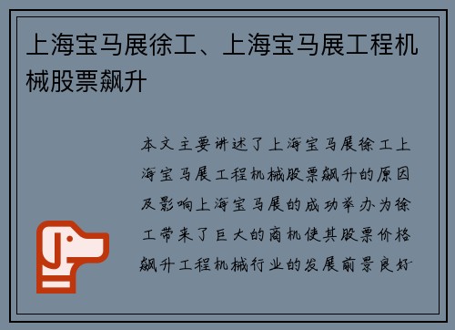上海宝马展徐工、上海宝马展工程机械股票飙升