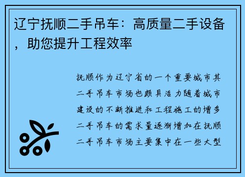 辽宁抚顺二手吊车：高质量二手设备，助您提升工程效率
